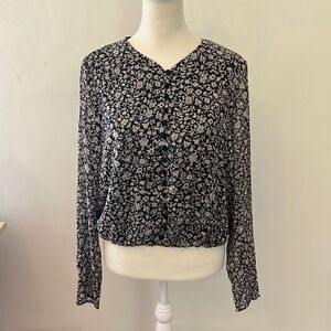Rachel Zoe black gray metallic long sleeve floral blouse Size S NWOT